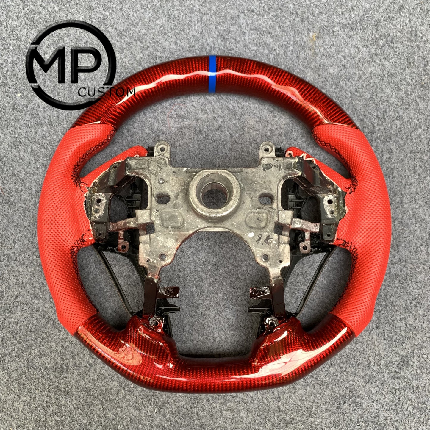 MPCUSTOM Fit For Honda 9th gen Accord SPORT 4 DOOR SEDAN 2013-2017/Crosstour 2013-2015/Ridgeline 2017-2020 gloss red carbon fiber steering wheel red perforated leather blue center line