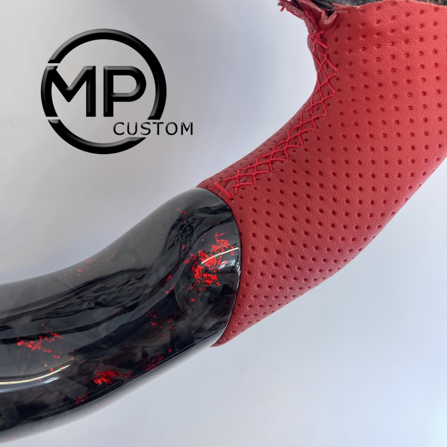MPCUSTOM Fit For Ford mustang GT 2024 forged carbon fiber with red flakes steering wheel red perforated leather Led
