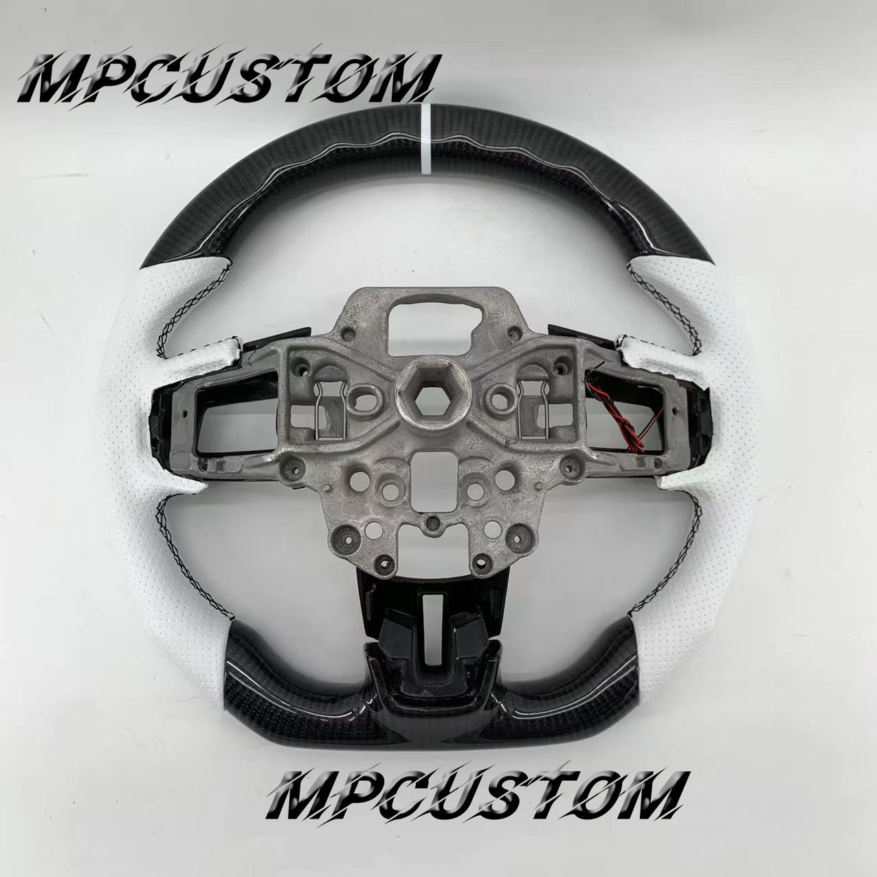 Mpcustom for Ford Mustang 2015-2017 carbon fiber steering wheel gloss and white perforated leather