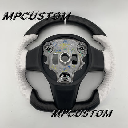 Mpcustom for Tesla model 3 Y carbon fiber steering wheel black stitching and round top