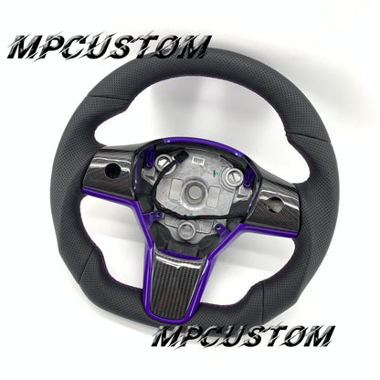 Mpcustom for Tesla model 3 Y carbon fiber steering wheel purple stitching and round top