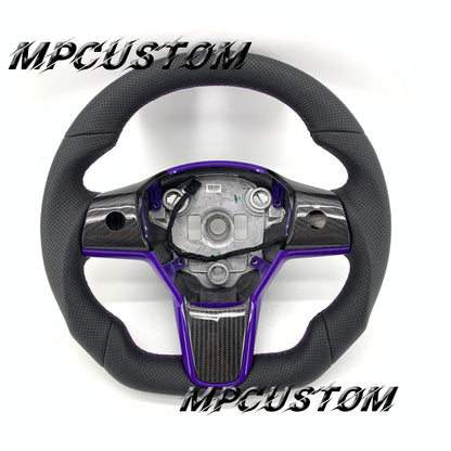 Mpcustom for Tesla model 3 Y carbon fiber steering wheel purple stitching and flat bottom