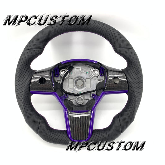 Mpcustom for Tesla model 3 Y carbon fiber steering wheel purple stitching and flat bottom
