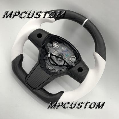 Mpcustom for Tesla model 3 Y carbon fiber steering wheel matte and white stripe line