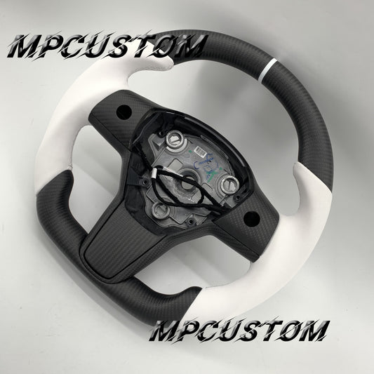 Mpcustom for Tesla model 3 Y carbon fiber steering wheel matte and white stripe line