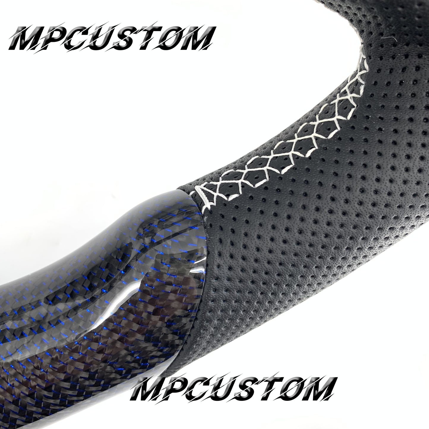 Mpcustom for Ford Mustang 2018-2022 carbon fiber steering wheel white stripe line and white stitching