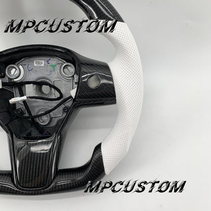 Mpcustom for Tesla model 3 Y carbon fiber steering wheel white stripe line and flat bottom