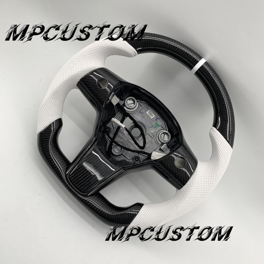 Mpcustom for Tesla model 3 Y carbon fiber steering wheel white stripe line and round top