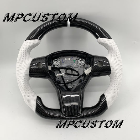 Mpcustom for Tesla model 3 Y carbon fiber steering wheel white stripe line and flat bottom