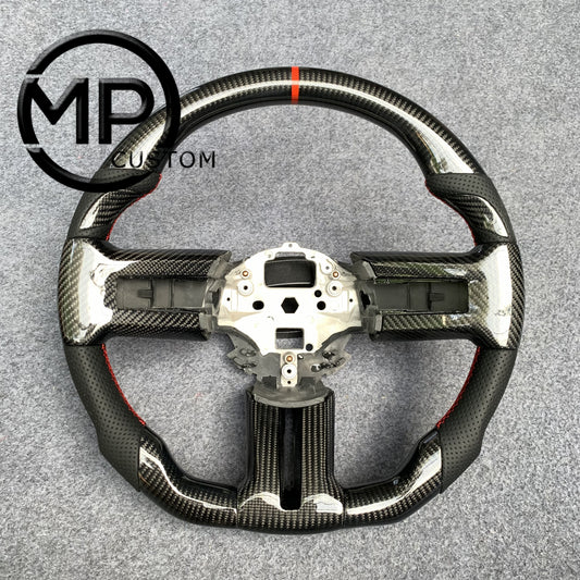 MPCUSTOM Fit For Ford mustang 2010-2014 gt GT500 shelby gloss carbon fiber steering wheel black perforated leather red center line