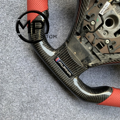 MPCUSTOM Fit For 2004 BMW E60 530i/E60  carbon fiber steering wheel red perforated leather BMW three-color center line