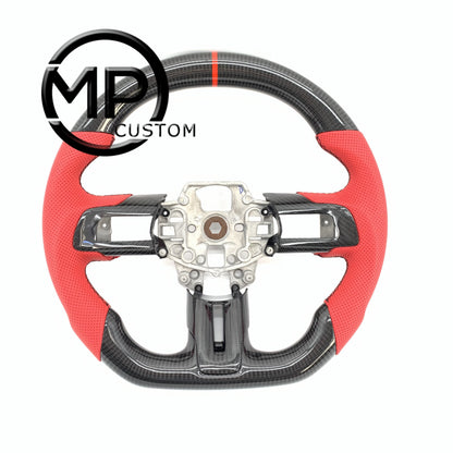MPCUSTOM Fit For Ford mustang GT 2015-2017 gloss carbon fiber steering wheel red perforated leather red center line