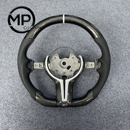 MPCUSTOM Fit For BMW M Sport F30 F31 F34 F10 F11 F07 / F12 F13 F06 X3 F25 X4 F26 X5 F15 M50d X6 F16 M50d F20 F21 M135i M140i F45 F46 F22 F23 M235i M240i F32 F33 F36 X1 F48 X2 F39 carbon fiber steering wheel black perforated leather white center line