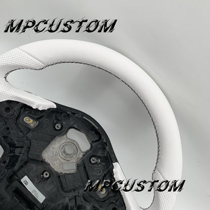 Mpcustom for Toyota Supra 2020 carbon fiber steering wheel flat bottom and white perforated leather