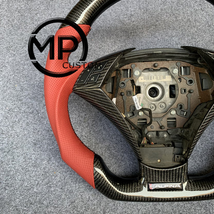 MPCUSTOM Fit For 2004 BMW E60 530i/E60  carbon fiber steering wheel red perforated leather BMW three-color center line
