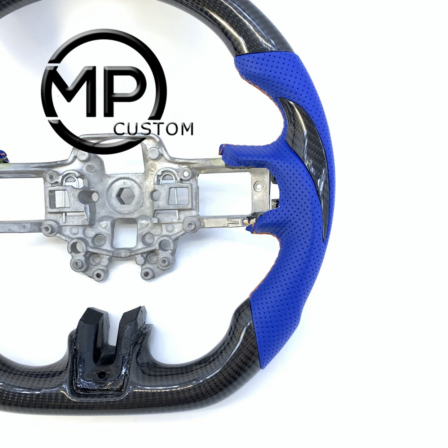 MPCUSTOM Fit For Ford mustang SHELBY GT350R 2018-2023 EcoBoost/GENUINE2018-2021 gloss carbon fiber steering wheel blue perforated leather thumb grips