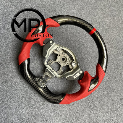 MPCUSTOM Fit For  Nissan 370Z 2010-2021 Nismo/Juke/Z34 /Maxima/infiniti gloss carbon fiber steering wheel red perforated leather red line thumb grips