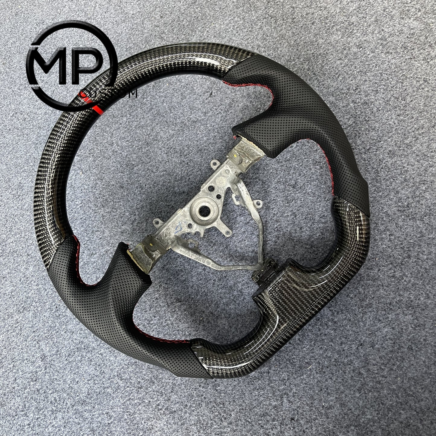 MPCUSTOM Fit For Subaru 2003-2007 WRX STI/2005-2007 Legacy carbon fiber steering wheel black perforated leather red center line
