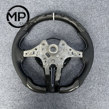 MPCUSTOM Fit For BMW M Sport F30 F31 F34 F10 F11 F07 / F12 F13 F06 X3 F25 X4 F26 X5 F15 M50d X6 F16 M50d F20 F21 M135i M140i F45 F46 F22 F23 M235i M240i F32 F33 F36 X1 F48 X2 F39 carbon fiber steering wheel black perforated leather white center line