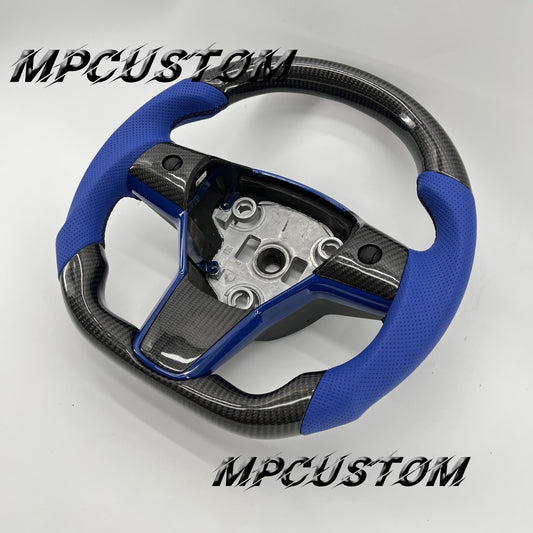 Mpcustom for Tesla model 3 Y carbon fiber steering wheel blue perforated leather