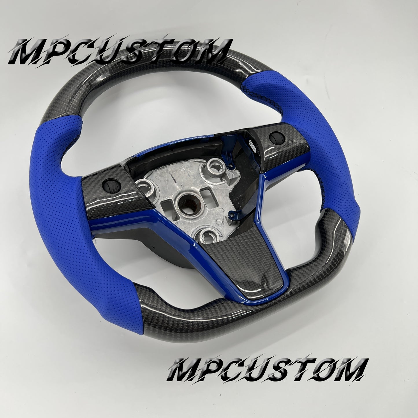 Mpcustom for Tesla model 3 Y carbon fiber steering wheel blue perforated leather and gloss