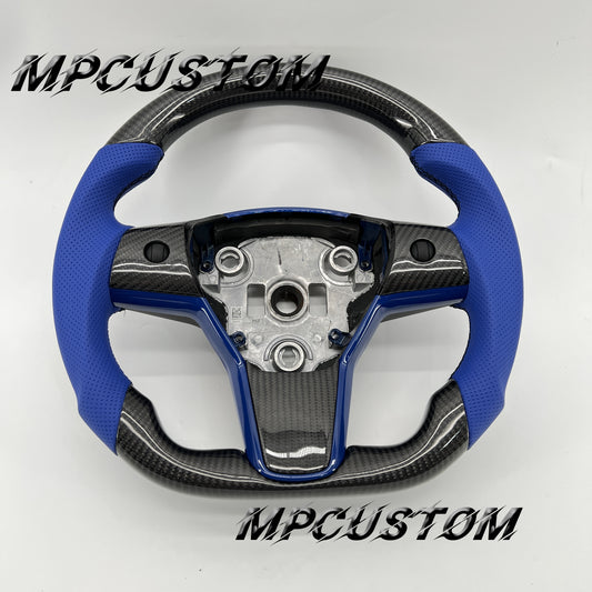 Mpcustom for Tesla model 3 Y carbon fiber steering wheel blue perforated leather and black stitching