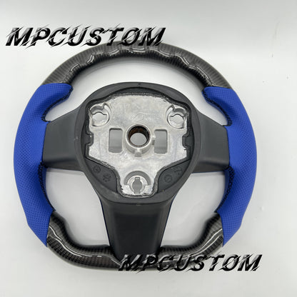 Mpcustom for Tesla model 3 Y carbon fiber steering wheel blue perforated leather