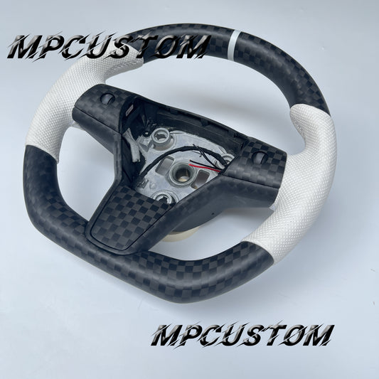 Mpcustom for Tesla model 3 Y carbon fiber steering wheel white perforated leather