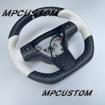 Mpcustom for Tesla model 3 Y carbon fiber steering wheel white perforated leather and matte