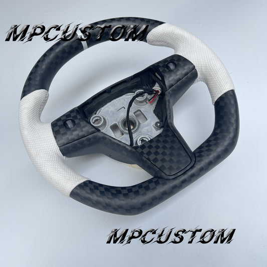 Mpcustom for Tesla model 3 Y carbon fiber steering wheel white perforated leather and matte