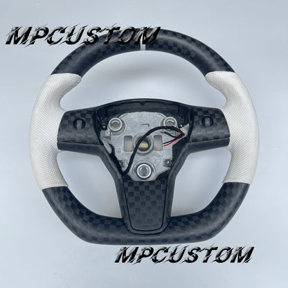 Mpcustom for Tesla model 3 Y carbon fiber steering wheel white perforated leather and white stitching