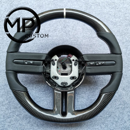 MPCUSTOM Fit For Ford mustang 2005-2009 carbon fiber steering wheel black smooth leather white center line