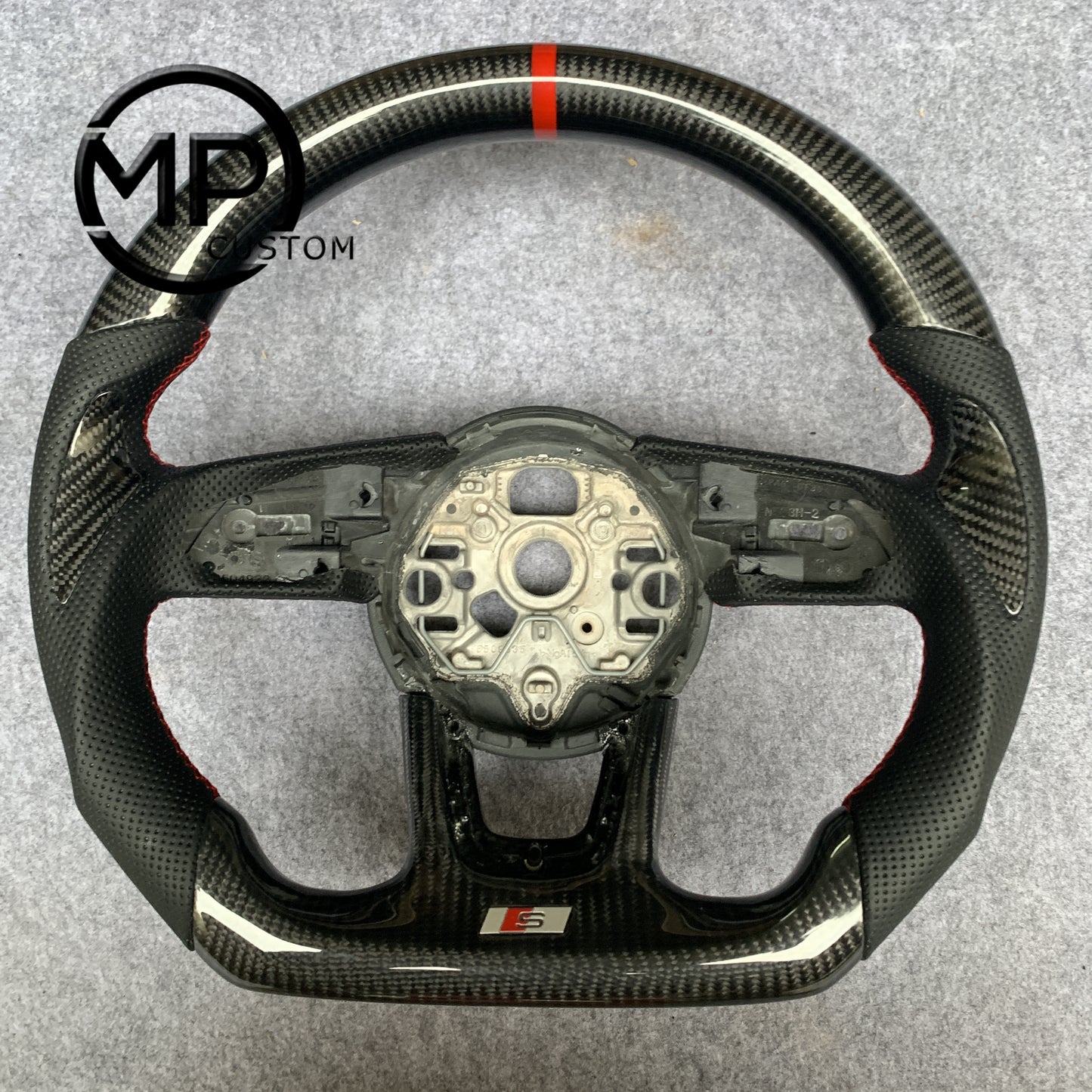 MPCUSTOM Fit For Audi A1 (8X) Sportback/A3 (8V)/A4 (B9) Avant/A5 (F5)/Q2 2016-2019 carbon fiber steering wheel black perforated leather red center line