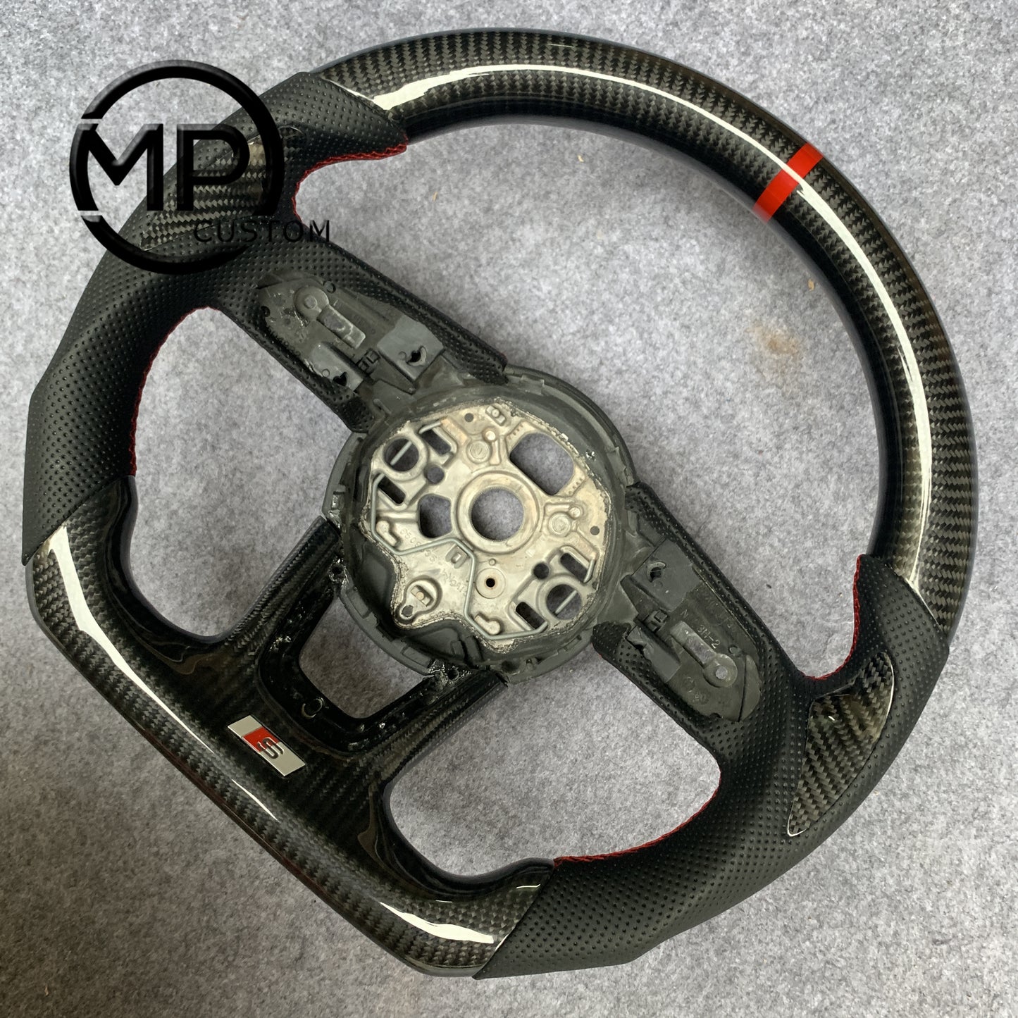 MPCUSTOM Fit For Audi A1 (8X) Sportback/A3 (8V)/A4 (B9) Avant/A5 (F5)/Q2 2016-2019 carbon fiber steering wheel black perforated leather red center line