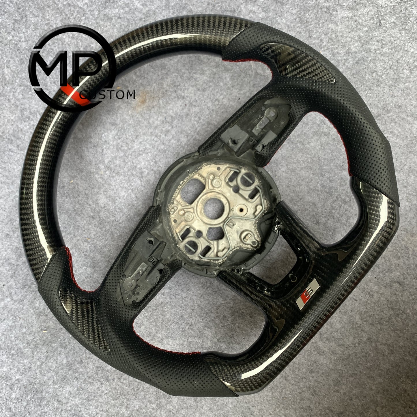 MPCUSTOM Fit For Audi A1 (8X) Sportback/A3 (8V)/A4 (B9) Avant/A5 (F5)/Q2 2016-2019 carbon fiber steering wheel black perforated leather red center line