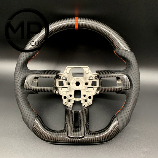 MPCUSTOM Fit For Ford mustang SHELBY GT350R 2018-2023 EcoBoost/GENUINE2018-2021 carbon fiber steering wheel black perforated leather orange center line