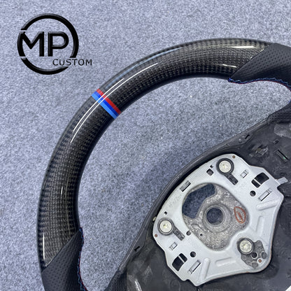 MPCUSTOM Fit For BMW X1 E84/1 Series E81 E82 E87 E88 2008-2013/3 Series E90 E91 E92 E93 2006-2011/M3 E90 E92 E93 2008-2013 carbon fiber steering wheel black perforated leather white center line