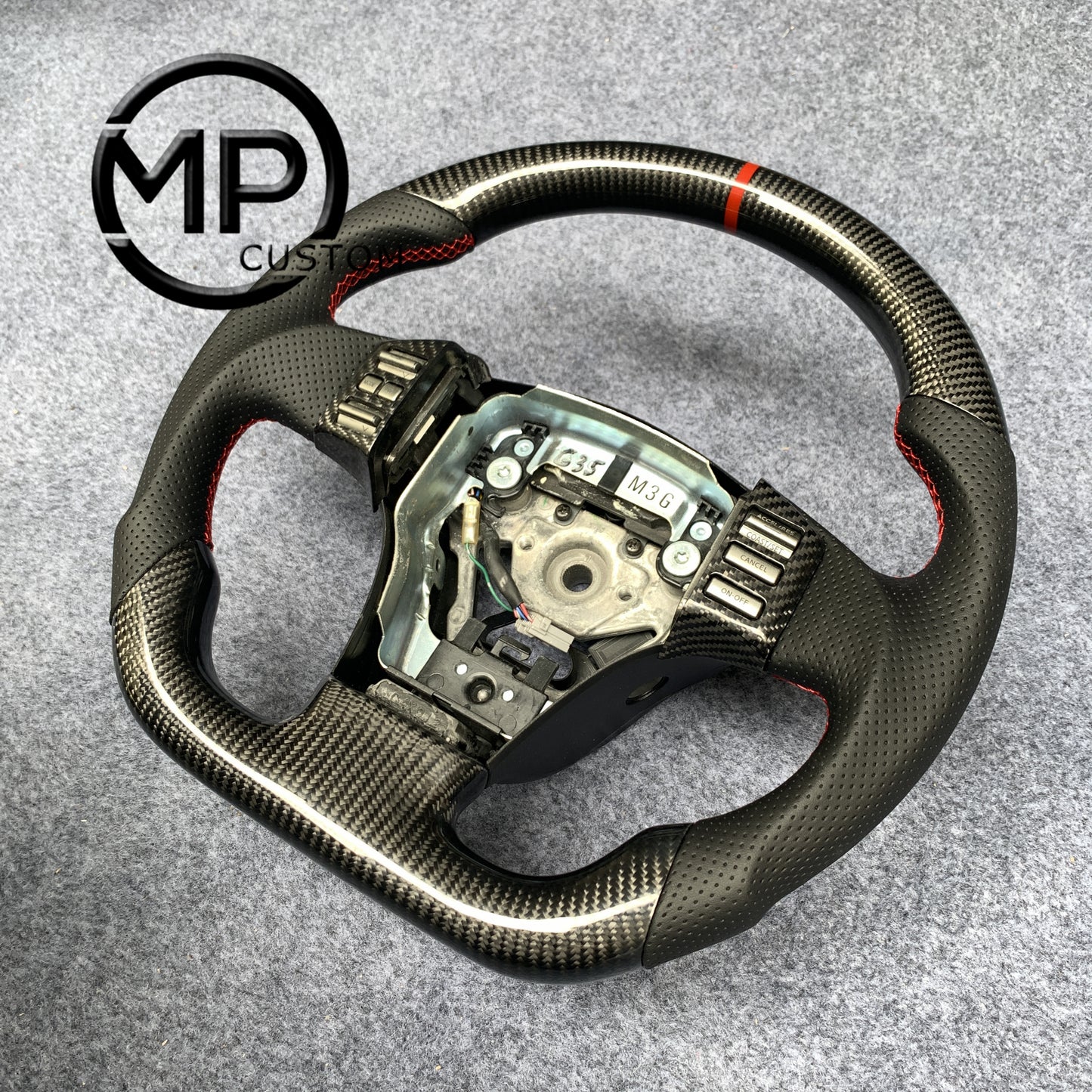 MPCUSTOM Fit For 2003-2006 INFINITI G35 carbon fiber steering wheel black perforated leather red center line