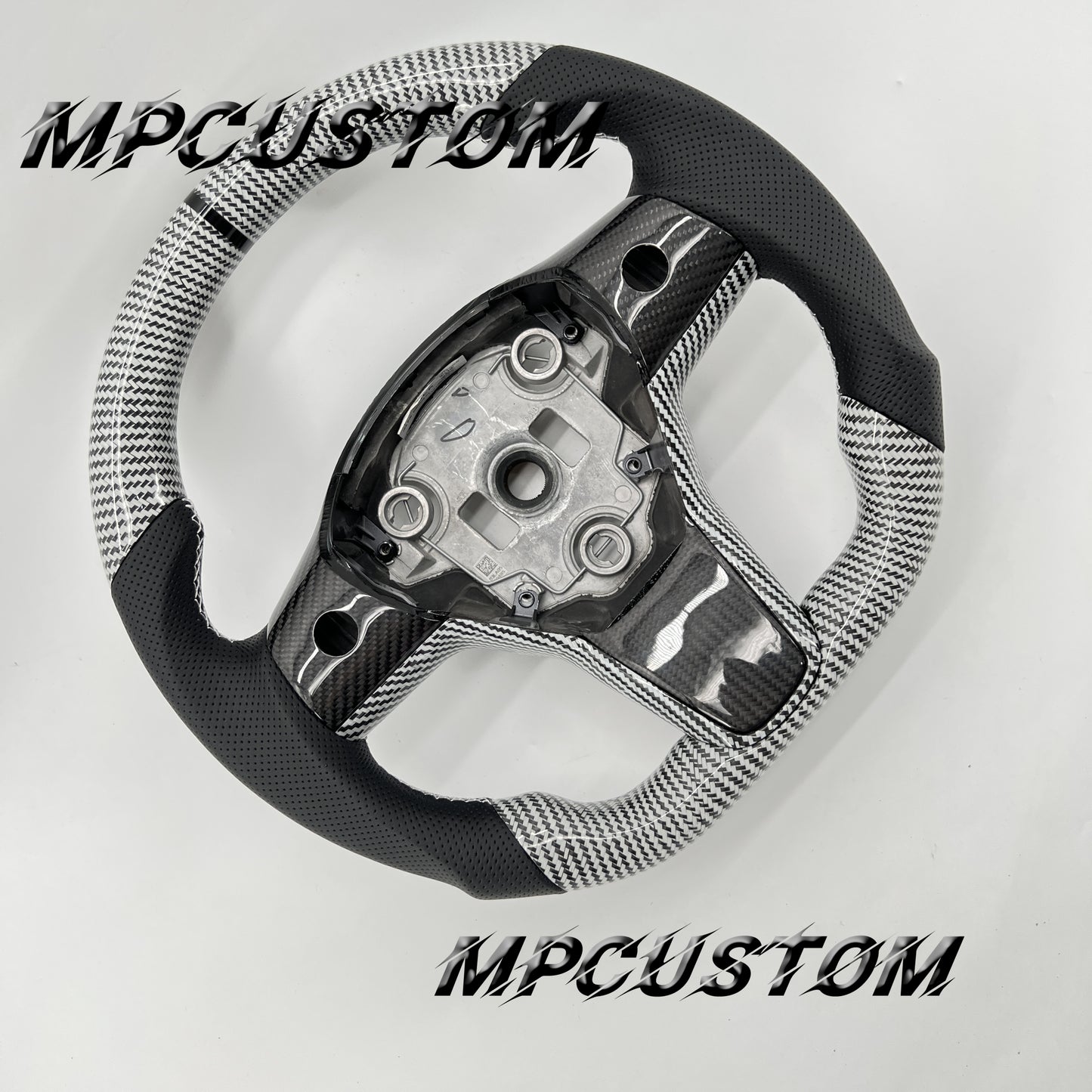 Mpcustom for Tesla model 3 Y carbon fiber steering wheel black stripe line and white stitching