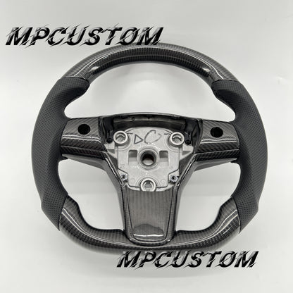 Mpcustom for Tesla model 3 Y carbon fiber steering wheel black perforated leather and black stitching