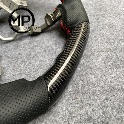 MPCUSTOM Fit For Tundra 2007-2013/Land Cruiser 2008-2012/Sequoia 2008-2013/HiAce 2014-2018 carbon fiber steering wheel black perforated leather red center line