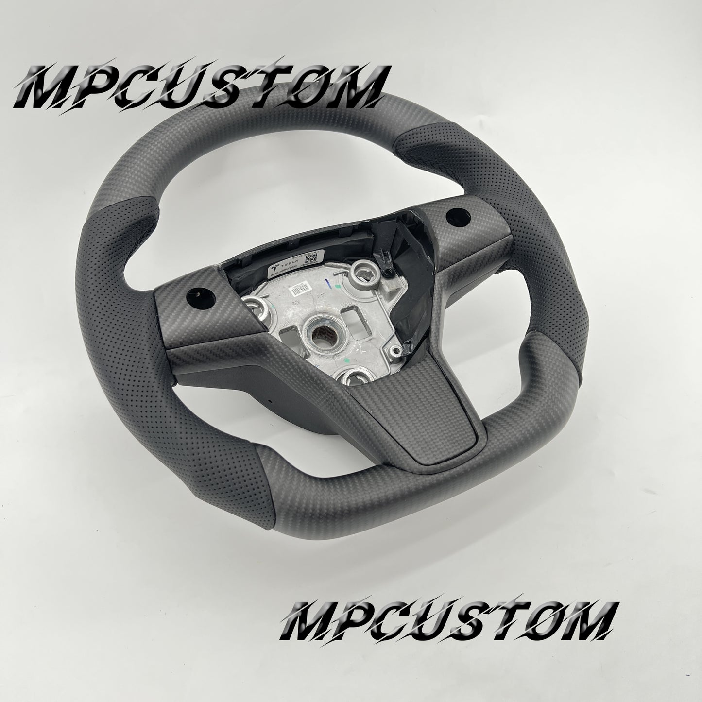 Mpcustom for Tesla model 3 Y carbon fiber steering wheel black perforated leather and matte and flat bottom