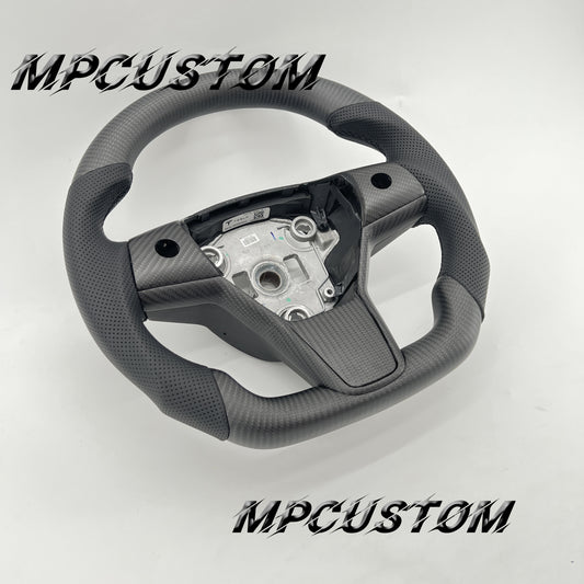Mpcustom for Tesla model 3 Y carbon fiber steering wheel black perforated leather and matte and flat bottom