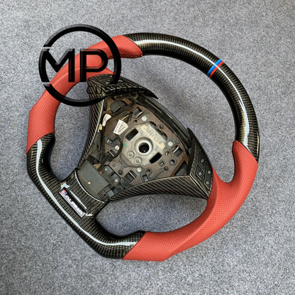 MPCUSTOM Fit For 2004 BMW E60 530i/E60  carbon fiber steering wheel red perforated leather BMW three-color center line