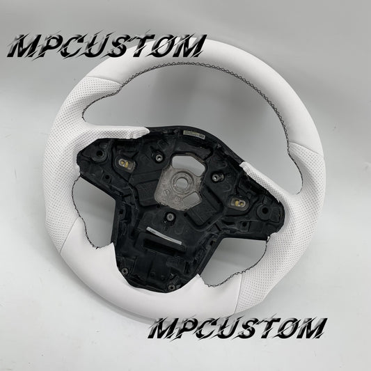 Mpcustom for Toyota Supra 2020 carbon fiber steering wheel flat bottom and white perforated leather