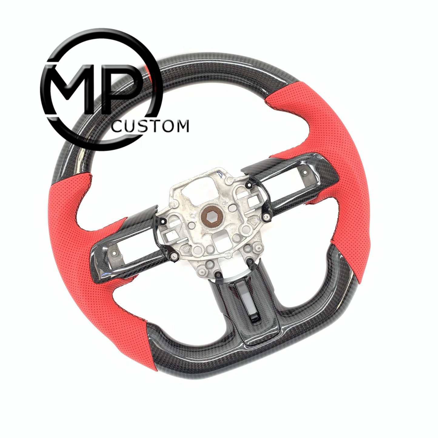 MPCUSTOM Fit For Ford mustang GT 2015-2017 gloss carbon fiber steering wheel red perforated leather red center line