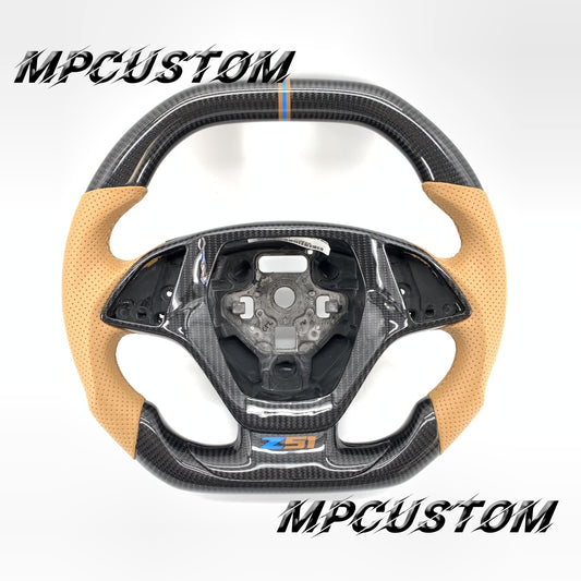 Mpcustom for Chevrolet Corvette C8 2020+ carbon fiber steering wheel flat top and brown perforated leather