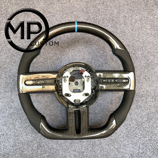 MPCUSTOM Fit For Ford mustang 2005-2009 carbon fiber steering wheel black perforated leather blue center line