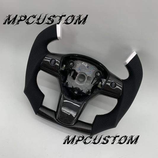 Mpcustom for Tesla model 3 Y carbon fiber steering wheel black perforated leather and f1 shape