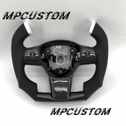 Mpcustom for Tesla model 3 Y carbon fiber steering wheel black perforated leather and flat bottom